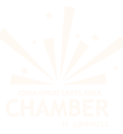 Logo for the Iowa Great Lakes Area Chamber of Commerce featuring white starburst graphic on a black background.