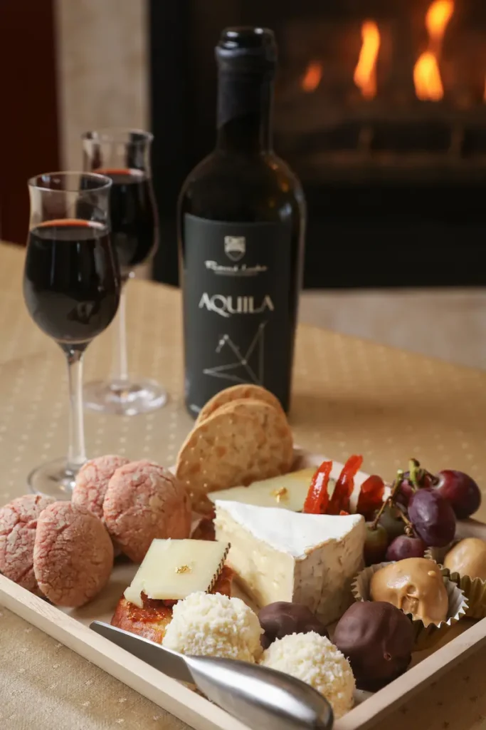 A bottle of Aquila red wine, two glasses, and a platter of cheese, crackers, sweets, and grapes by a fireplace.